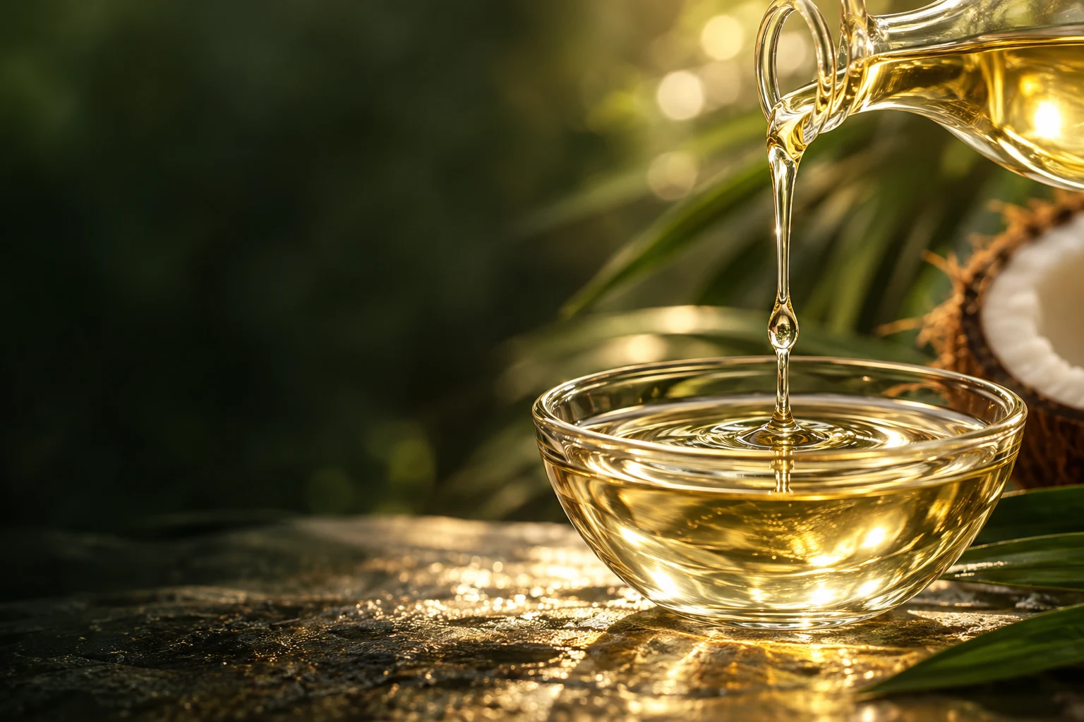 Golden oil flowing into a glass bowl